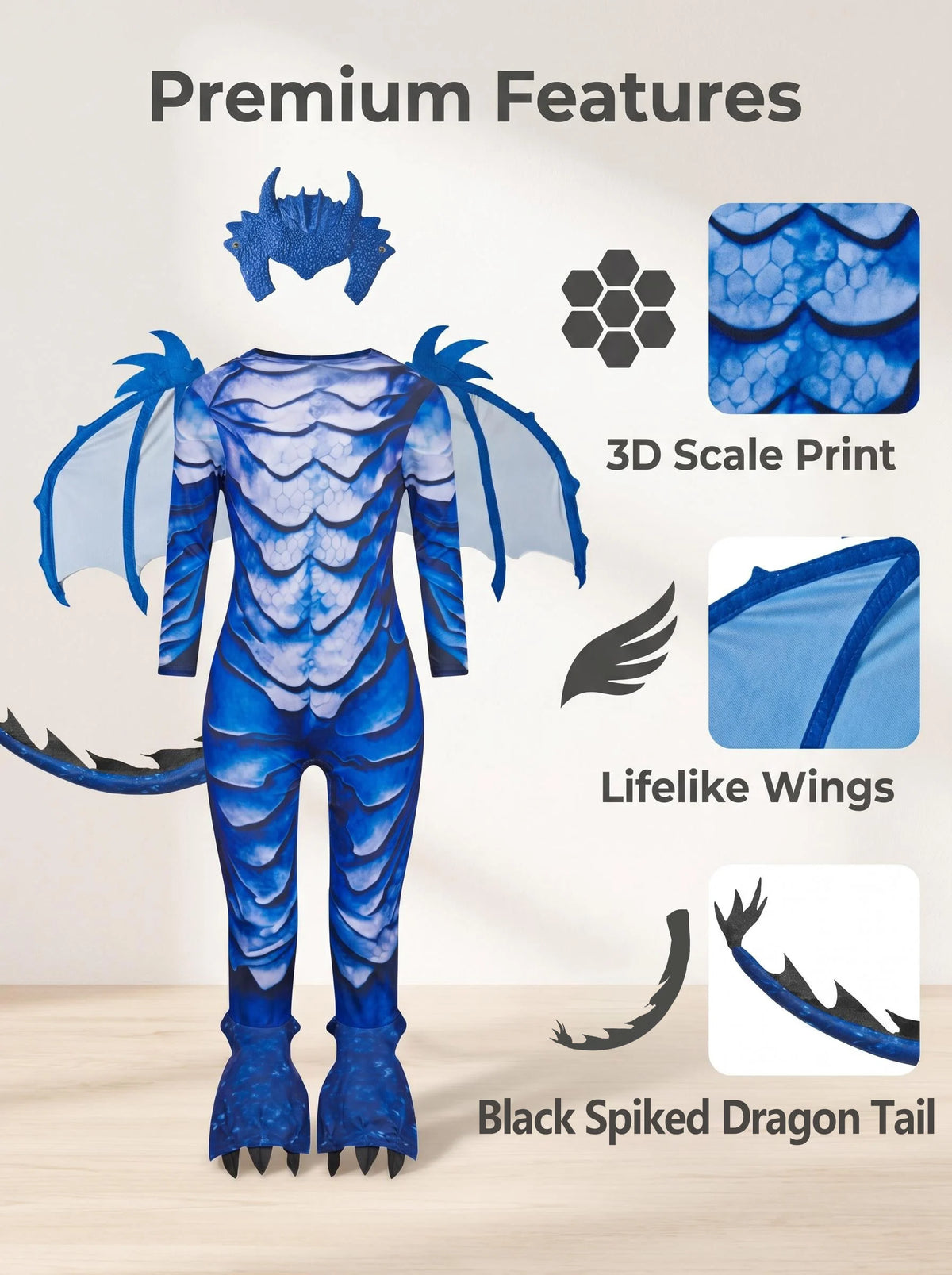 Blue Dragon Costume for Kids with Scale Print Jumpsuit, Wings, Padded Tail and Horned Mask for Halloween, Carnival and Fantasy Dress-Up