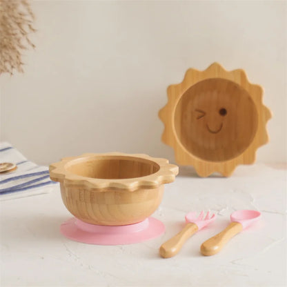 Bamboo Baby Suction Bowl and Tableware Options, Sun, Cloud and Dinosaur Designs with Single-Piece or 3-Piece Wooden-Handle Utensil Sets