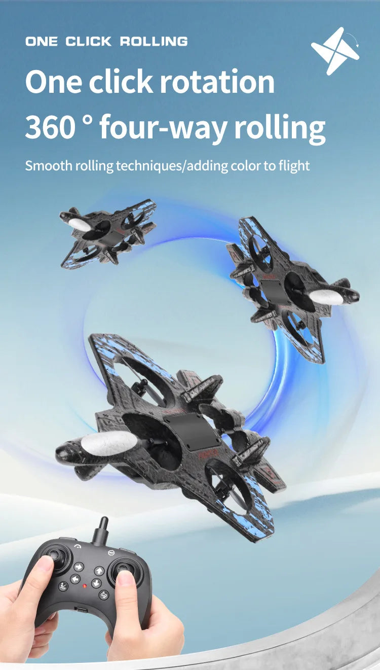 RC Fighter Drone with Lights, 2.4GHz Remote Control Foam Quadcopter in Red or Blue, Approx. 10-Minute Flight Time for Aviation Hobby Play