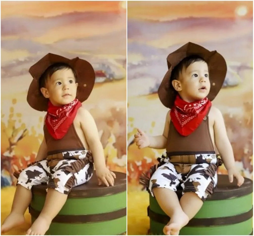 Cow Print Baby Cowboy Costume with Fringe Romper, Sheriff Hat and Red Bandana, Western Birthday Dress-Up Outfit with Sock Options