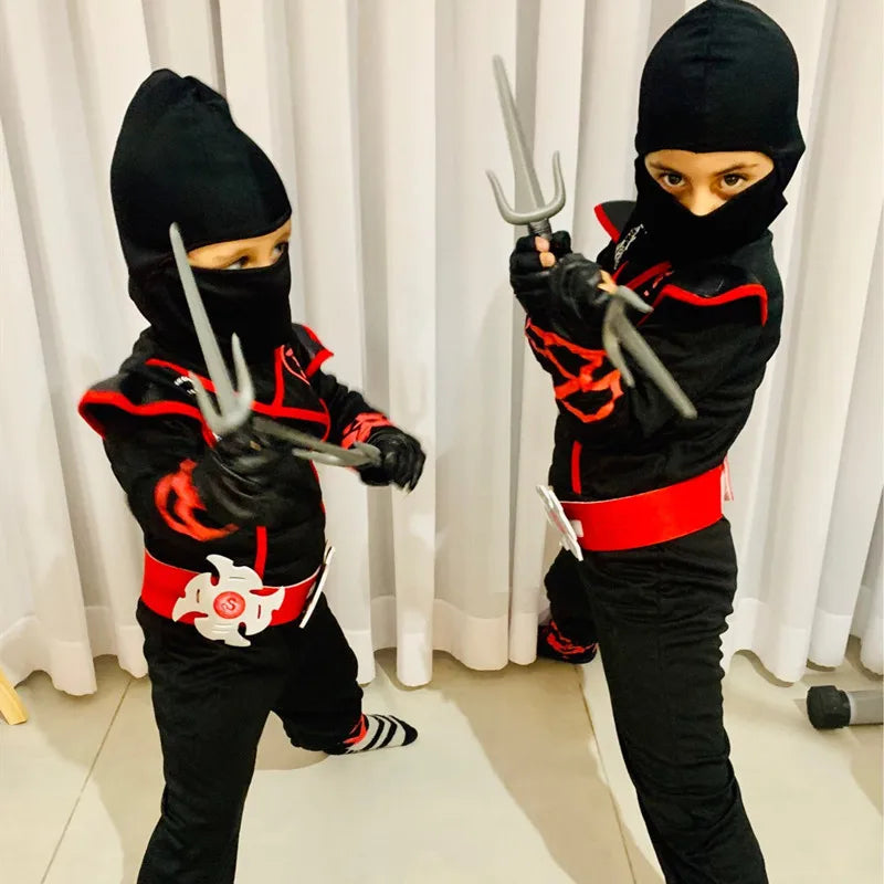Kids Ninja Dress-Up Costume with Hooded Top, Pants and Toy Accessories, Polyester Halloween Party Outfit for Pretend Play, Sizes S-XL