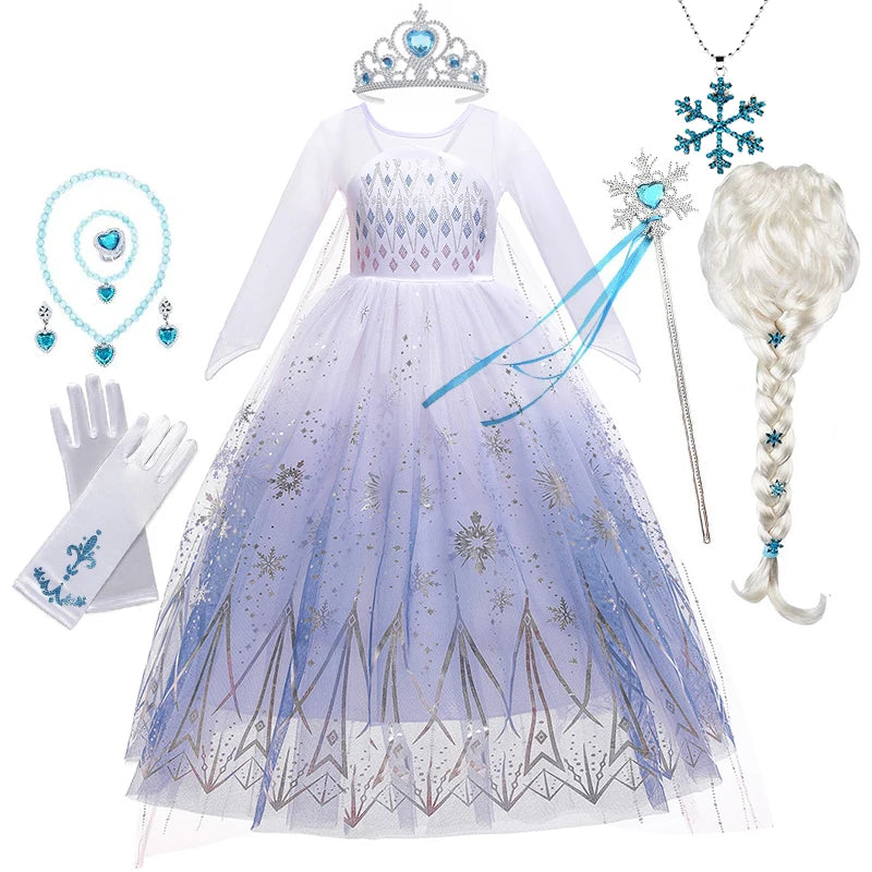 White Snowflake Princess Dress for Girls with Sheer Long Sleeves and Flowing Mesh Skirt, Snow Queen Costume for Birthdays and Halloween