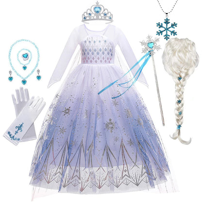White Snowflake Princess Dress for Girls with Sheer Long Sleeves and Flowing Mesh Skirt, Snow Queen Costume for Birthdays and Halloween