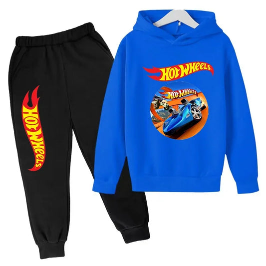 Car Graphic Kids Tracksuit with Hot Wheels Print Hoodie and Jogger Pants, Two-Piece Casual Outfit for Boys and Girls in Sizes 100-160