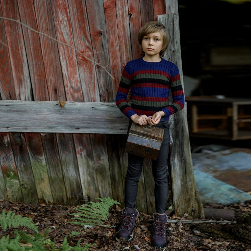 Striped Cable Knit Sibling Outfits with Dark Denim Jumper Dresses, Skirts and Pants, Coordinating Boys Girls Sweaters and Baby Romper Options