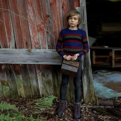 Striped Cable Knit Sibling Outfits with Dark Denim Jumper Dresses, Skirts and Pants, Coordinating Boys Girls Sweaters and Baby Romper Options