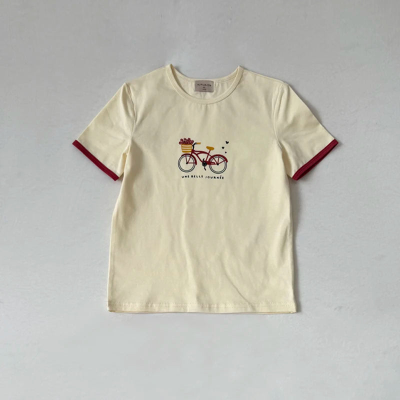 Bicycle Print Sibling Matching Outfits, Cream Girls Dresses and Tops with Red Skirts, Boys Green Shorts and Baby Rompers for Family Photos