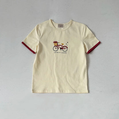 Bicycle Print Sibling Matching Outfits, Cream Girls Dresses and Tops with Red Skirts, Boys Green Shorts and Baby Rompers for Family Photos