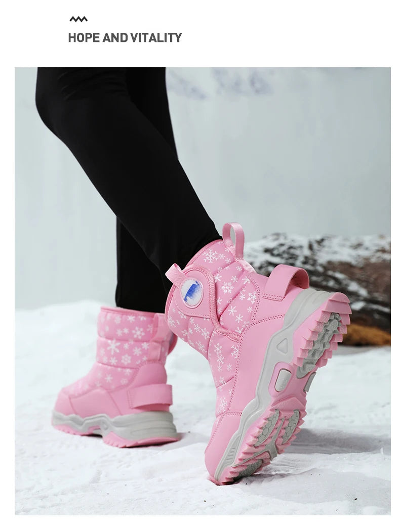Snowflake Print Kids Winter Boots with Padded Shafts, Pull Tabs and Chunky Tread Soles, Pink Snow-Style Footwear for Boys and Girls