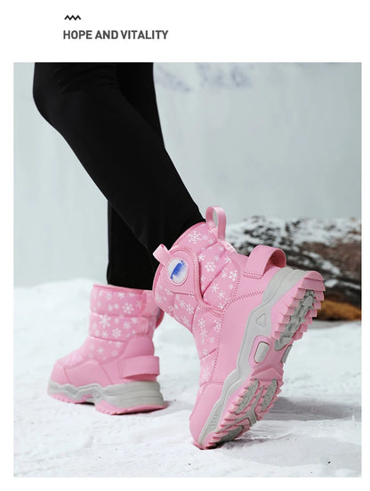 Snowflake Print Kids Winter Boots with Padded Shafts, Pull Tabs and Chunky Tread Soles, Pink Snow-Style Footwear for Boys and Girls