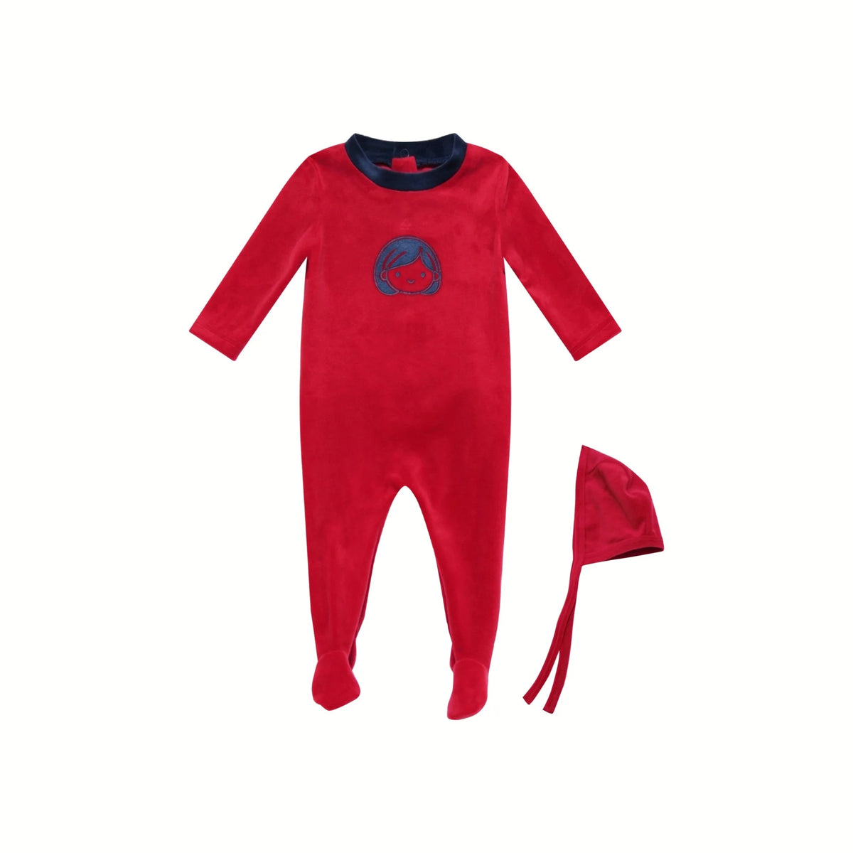 Kids Velour Pajamas with Printed Face Motifs, Red and Navy Long Sleeve Lounge Sets with Baby Footie and Teen Dress Options for Coordinated Outfits