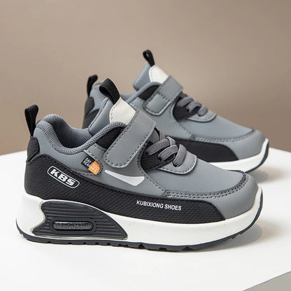 Color-Block Kids Running Shoes with PU Leather Upper, Soft Rubber Sole and Strap Closure for Boys and Girls, School Days and Outdoor Play