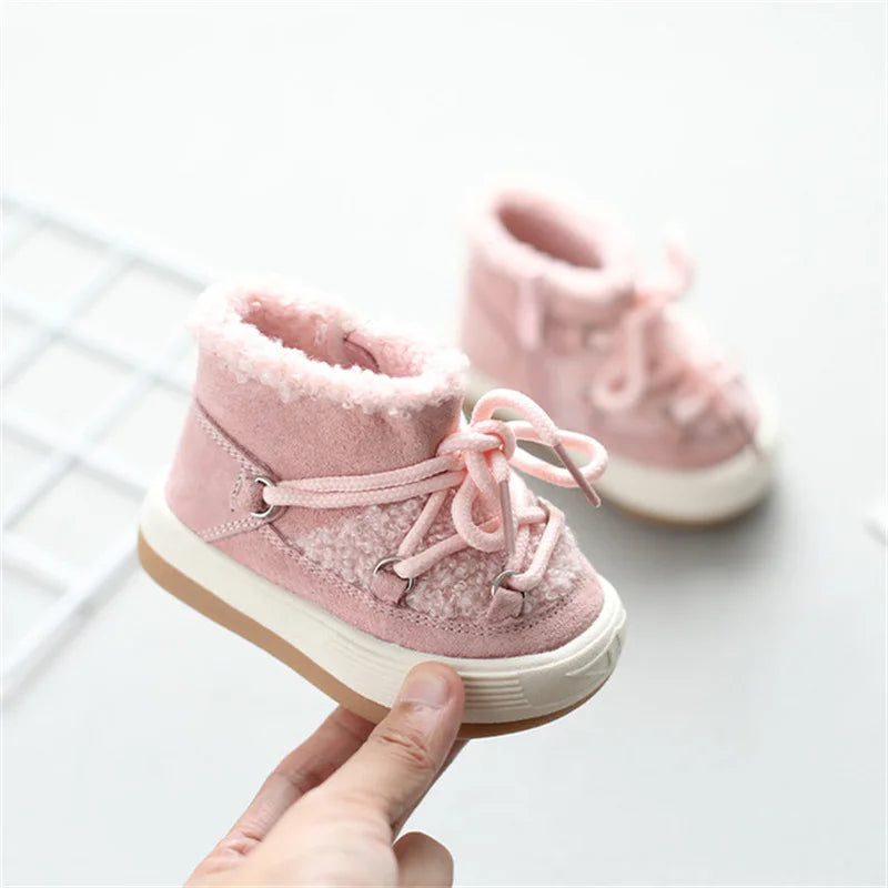 Toddler Plush Panel Lace-Up Boots with Rubber Soles and Cozy Cuffs, Beige, Black or Pink Winter Ankle Shoes for Boys and Girls, 12-15.5 cm Insoles