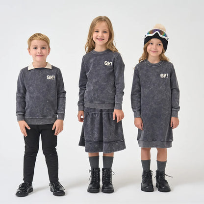 Kids Ski Graphic Cotton Outfits in Ecru, Hunter Green and Acid Wash Grey, Coordinating Sweatshirts, Dresses and Baby Sets for Sibling Matching Looks