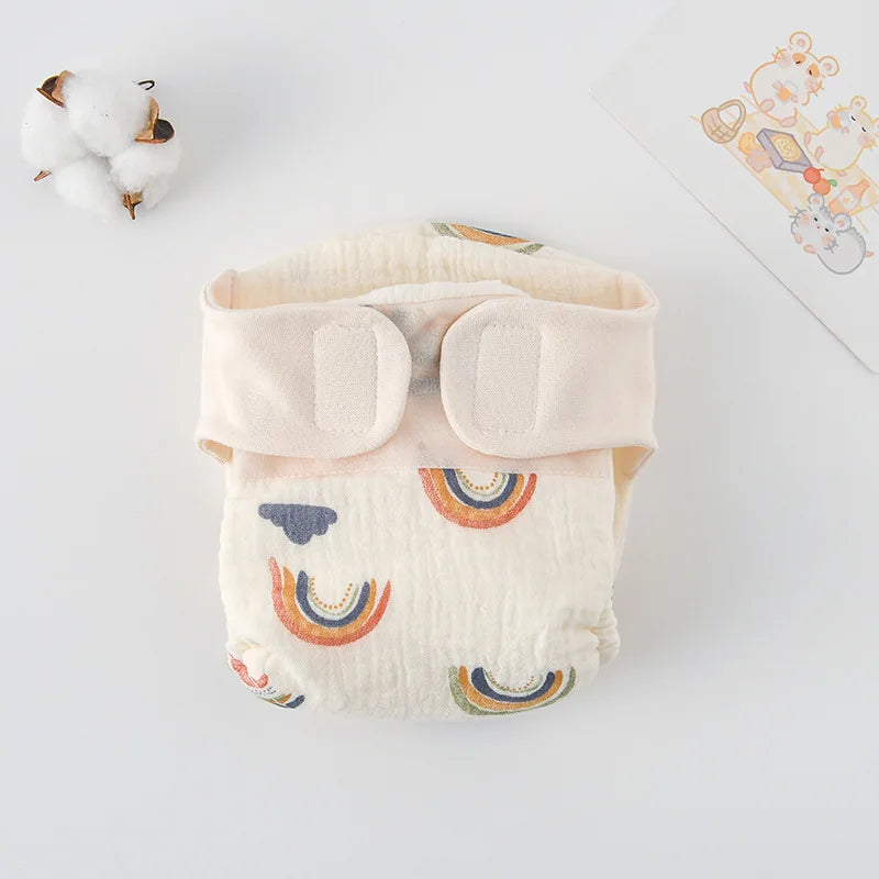 Baby Wrap Cloth Diaper with Adjustable Waist Tabs, Reusable Cotton Nappy in Animal and Rainbow Prints, Single-Piece Infant Changing Essential