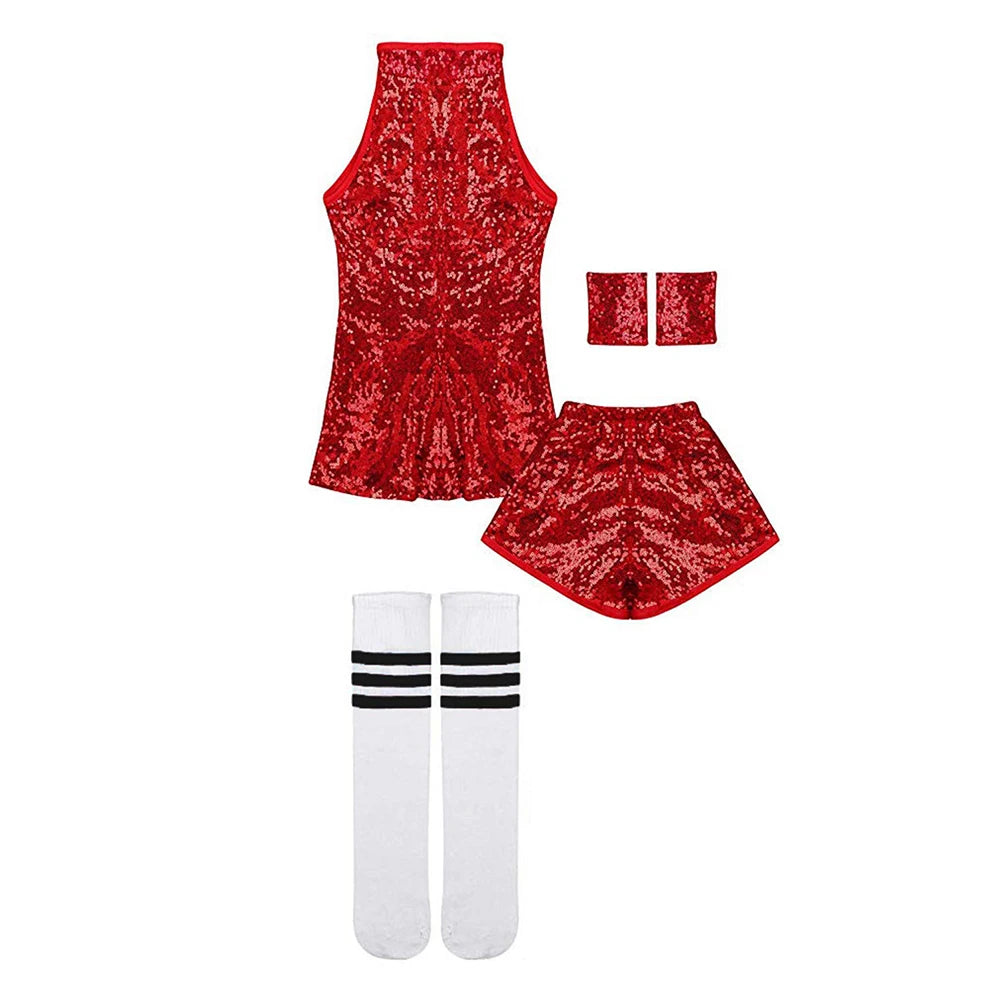 Girls Sequin Jazz Dance Costume with Sleeveless A-Line Dress, Shorts, Socks and Wristbands, Sparkly Hip Hop Stage Outfit for Ages 4-12