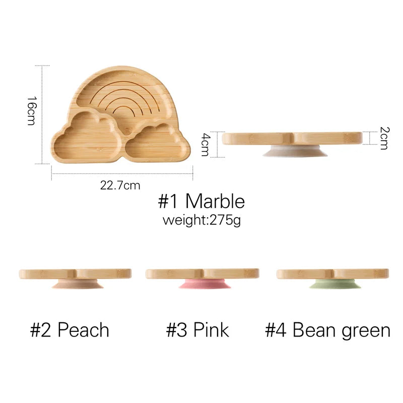 Bamboo Baby Suction Bowl and Tableware Options, Sun, Cloud and Dinosaur Designs with Single-Piece or 3-Piece Wooden-Handle Utensil Sets