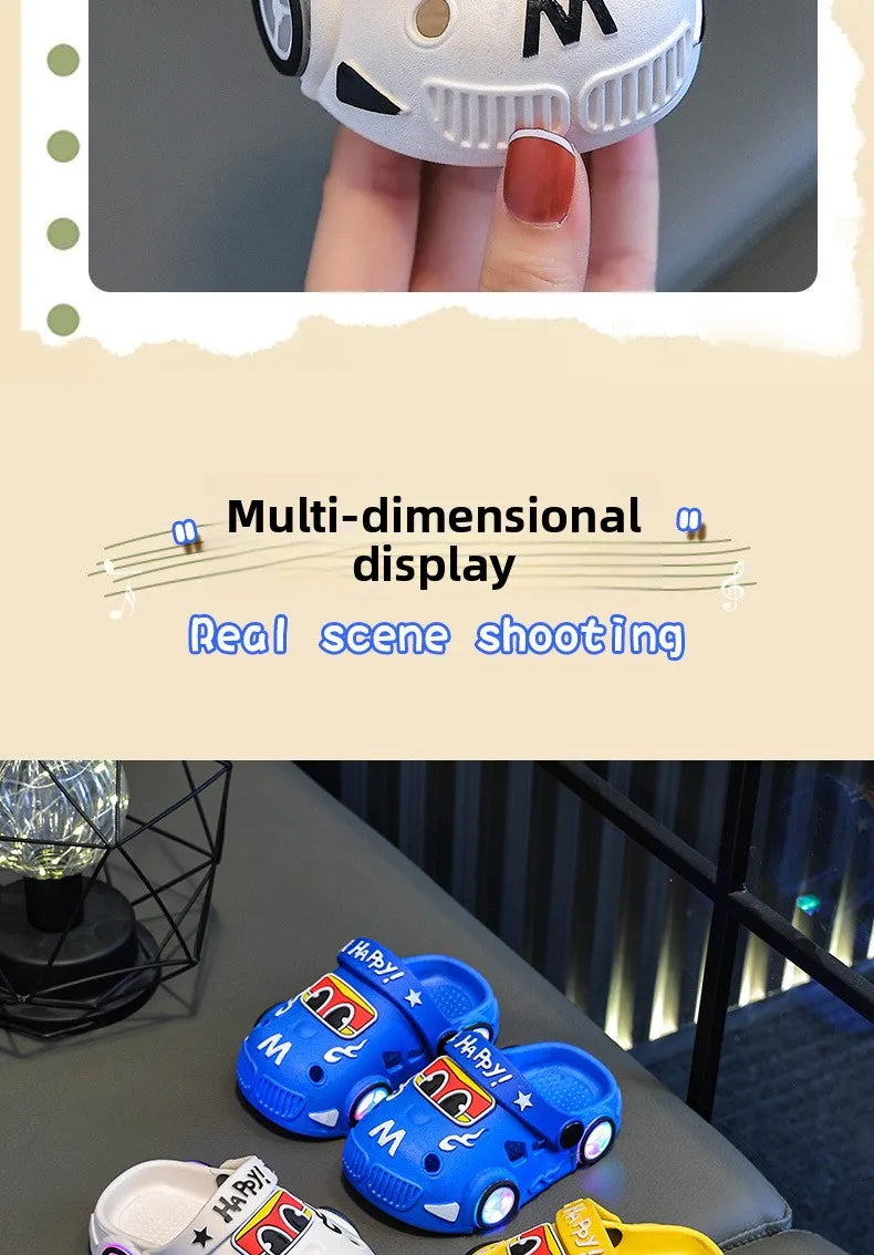 Kids Light-Up Car Clogs with Glowing Wheel Details, Ventilated Closed-Toe Design and Pivoting Heel Strap for Playful Summer Casual Outfits