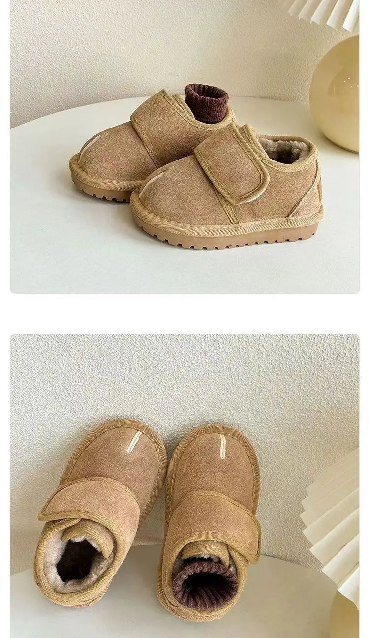 Hook-and-Loop Toddler Winter Ankle Boots with Faux Suede Upper and Plush Lining, Brown Apricot or Black Short Shoes for Boys and Girls in Sizes 21–30