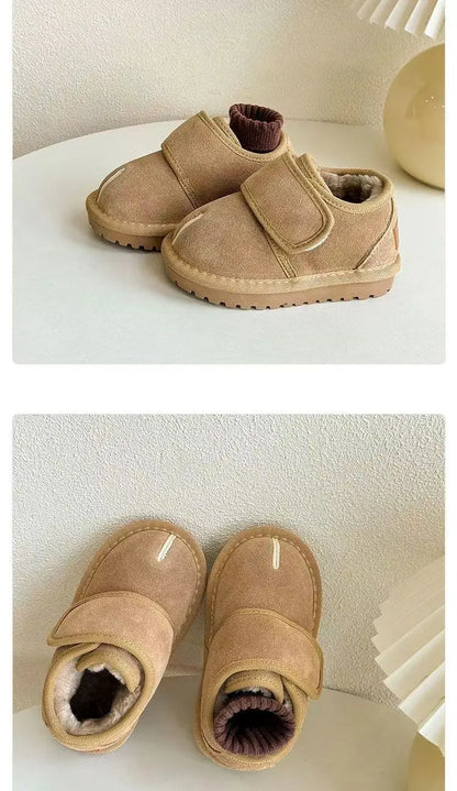Hook-and-Loop Toddler Winter Ankle Boots with Faux Suede Upper and Plush Lining, Brown Apricot or Black Short Shoes for Boys and Girls in Sizes 21–30