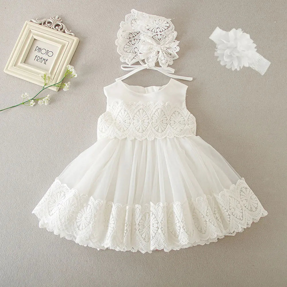 Baby Baptism Gown for Girls with Long Sleeves, Lace Details and Cotton Lining, Dress and Cap Set for Christening and First Birthday Photos