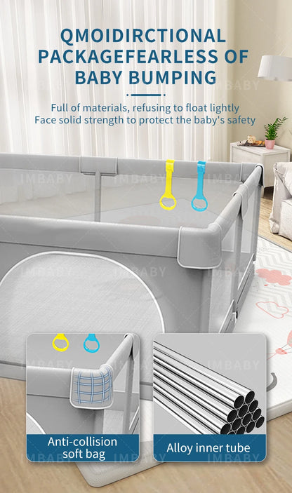 Baby Playpen with Pull Rings by IMBABY, Light Gray Mesh Activity Fence with Zippered Door and Multiple Size Options for Supervised Play