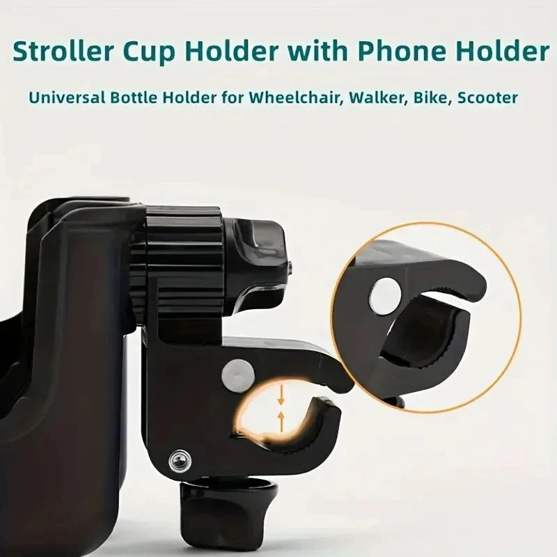 Stroller Beverage and Phone Organizer with Clamp Mount, 2-in-1 Cup and Bottle Holder in Black or Beige for Compatible Stroller and Wheelchair Frames