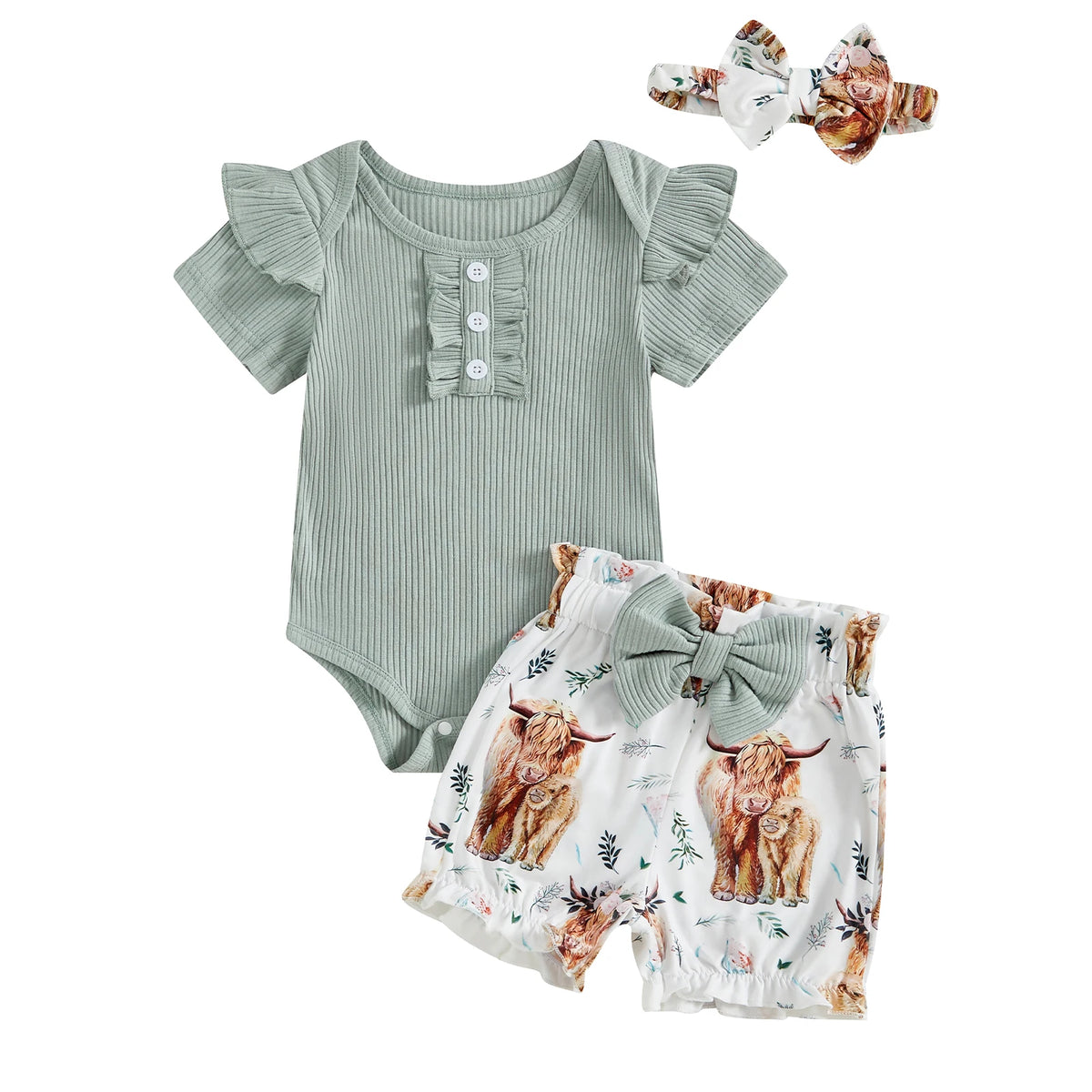 Baby Girl Summer Outfit Set, 3-Piece Ribbed Short Sleeve Romper with Floral or Cow Print Bow Shorts and Matching Headband, 0-18 Months