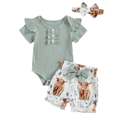 Baby Girl Summer Outfit Set, 3-Piece Ribbed Short Sleeve Romper with Floral or Cow Print Bow Shorts and Matching Headband, 0-18 Months