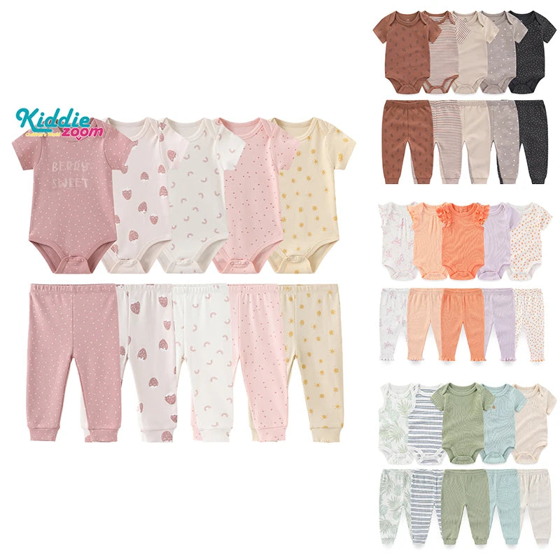 Baby Bodysuit and Pants Set, 10-Piece Kiddiezoom Infant Clothing Bundle with Short-Sleeve Tops for Boys and Girls, Sizes 3M-12M