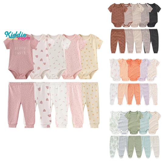 Baby Bodysuit and Pants Set, 10-Piece Kiddiezoom Infant Clothing Bundle with Short-Sleeve Tops for Boys and Girls, Sizes 3M-12M