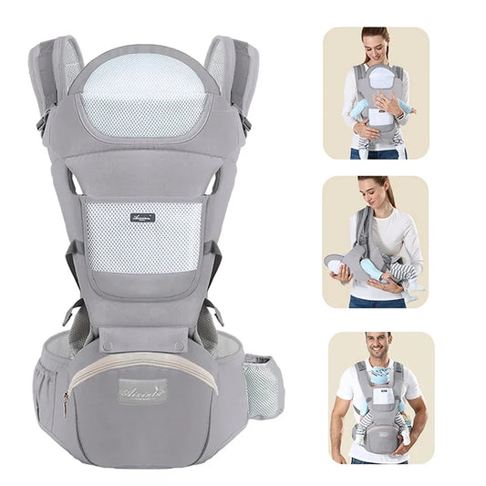 Baby Hip Seat Carrier with Mesh Panels, Shoulder Straps and Zipper Storage Pocket, Carrying Accessory in Gray, Dark Blue, Green or Pink