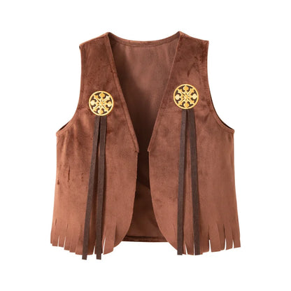 Girls Cowgirl Costume Set with Brown Fringe Vest, Cow-Print Skirt, Hat and Bandana, Western Dress-Up Outfit for Halloween and Birthday Parties