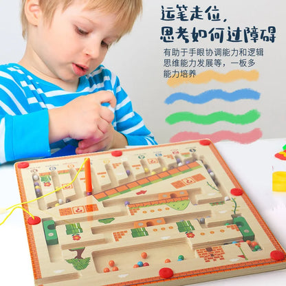 Magnetic Color Sorting Maze Board, Wooden Bead Puzzle with Tethered Wand for Montessori-Inspired Color Matching, Counting and Route Planning