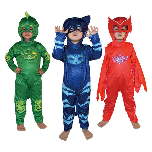 Kids Superhero Jumpsuit Costume with Mask, Blue Red or Green Cartoon Dress-Up Outfit for Halloween, Birthday Parties and Pretend Play