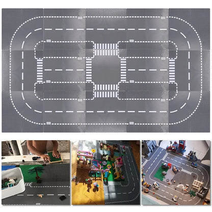 City Road Building Block Base Plates, 25.5 x 25.5 cm Single-Sided Street Panels for Brick Town Layouts, Traffic Scenes and Creative Construction Play