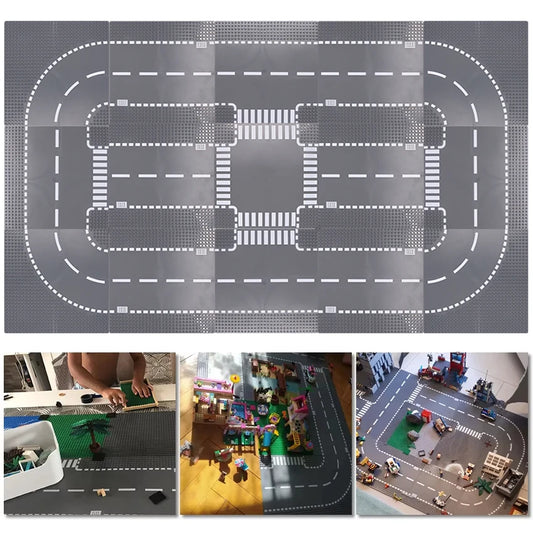 City Road Building Block Base Plates, 25.5 x 25.5 cm Single-Sided Street Panels for Brick Town Layouts, Traffic Scenes and Creative Construction Play