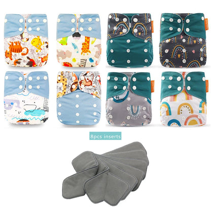 Cloth Diaper Starter Set by Happyflute, 8 Adjustable Pocket Baby Diapers with 8 Bamboo Charcoal Inserts, Washable PUL Covers and Snap Closures