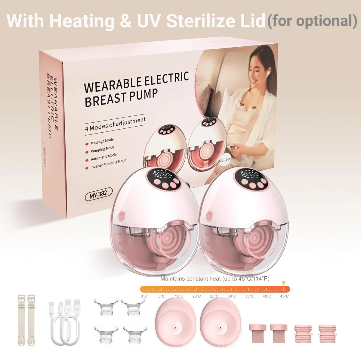 Wearable Electric Breast Pump MY382 with 4 Modes and 12 Levels, 24mm Flange and Fit Adapters, Single or Double Options with Optional Heating and UV Lid