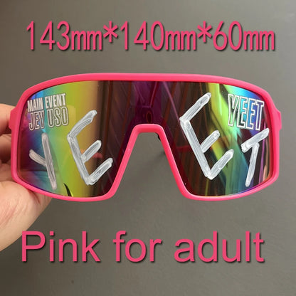 YEET Graphic Sunglasses with Jey Uso Main Event Lettering, Colorful Shield-Style Fan Shades in Children's and Adult Options for Party Outfits