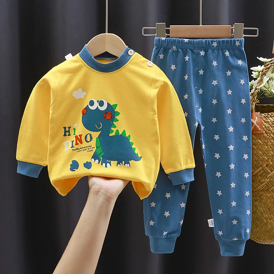 Dinosaur Print Kids Cotton Two-Piece Set with Long Sleeve Top and Matching Cuffed Pants, Unisex Baby and Toddler Outfit in Sizes 73-130