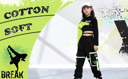 Girls Hip Hop Cargo Pants Dance Set with Crop Top and Decorative Sleeve, Three-Piece Colorblock Stage Outfit for Ages 4–16 by LOLANTA