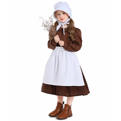 Girls Pioneer Prairie Costume Dress with Apron and Bonnet Options for Colonial School Plays, Historical Dress-Up and Halloween Events