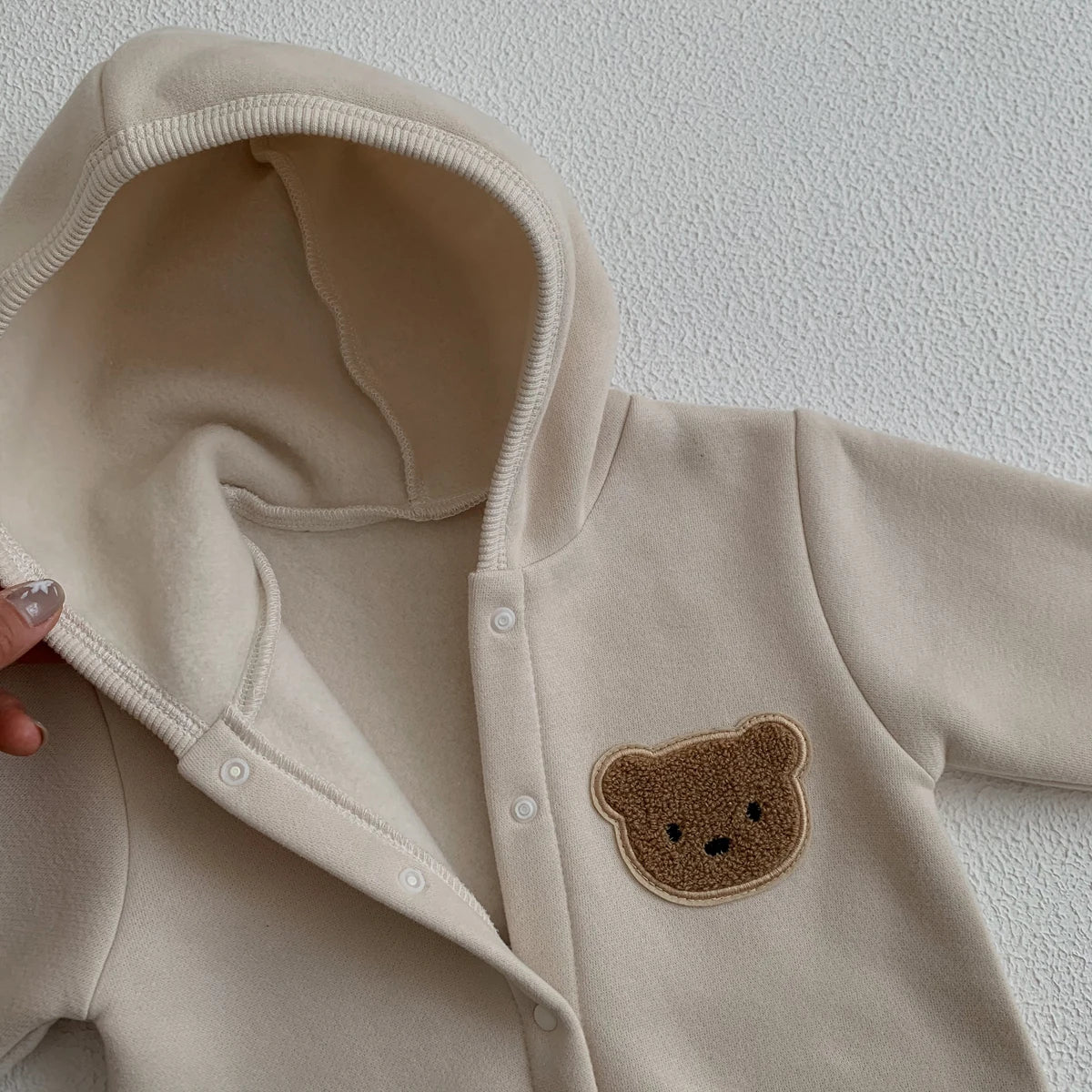 Baby Hooded Snap Front Jumpsuit with Bear Patch, Long Sleeve One-Piece Outfit in Coffee or Beige for Boys and Girls, Sizes 3M-18M