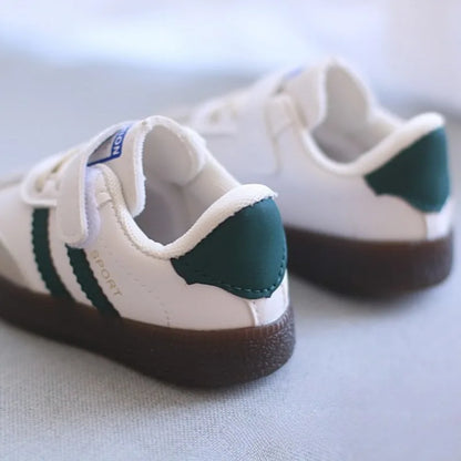 Toddler Twin Stripe Strap Sneakers with Faux PU Uppers and Lace Details, Black, Beige or Green Casual Shoes for Boys and Girls, 11.8-16 cm Inner Lengths