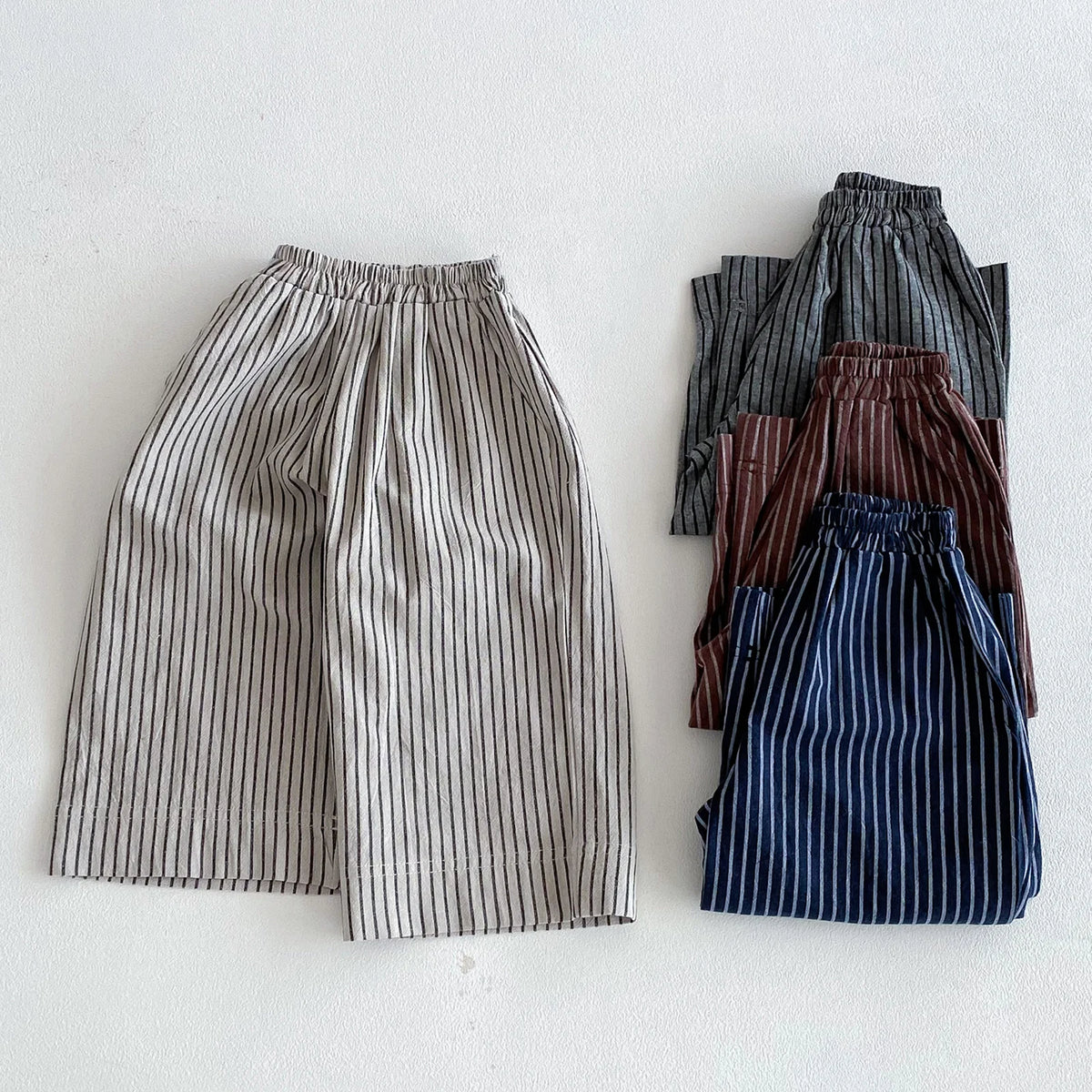 Cotton Toddler Striped Pants with Pull-On Elastic Waist, Relaxed Long Trousers for Boys and Girls in Six Colors, Sizes 12-24M to 5-6Y