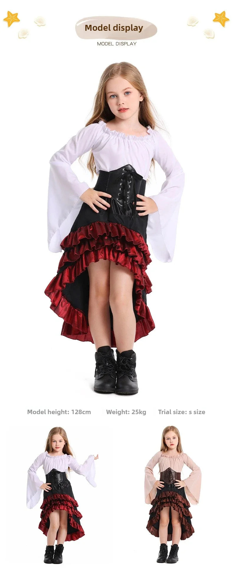 Girls Pirate Costume Set with Bell Sleeve Blouse, High-Low Skirt, Head Scarf and Lace-Up Waistband for Halloween and Dress-Up Parties
