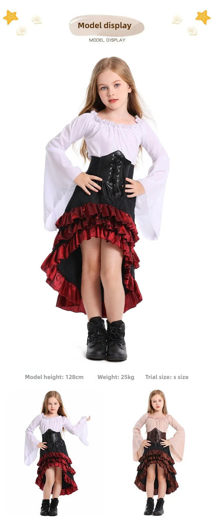 Girls Pirate Costume Set with Bell Sleeve Blouse, High-Low Skirt, Head Scarf and Lace-Up Waistband for Halloween and Dress-Up Parties