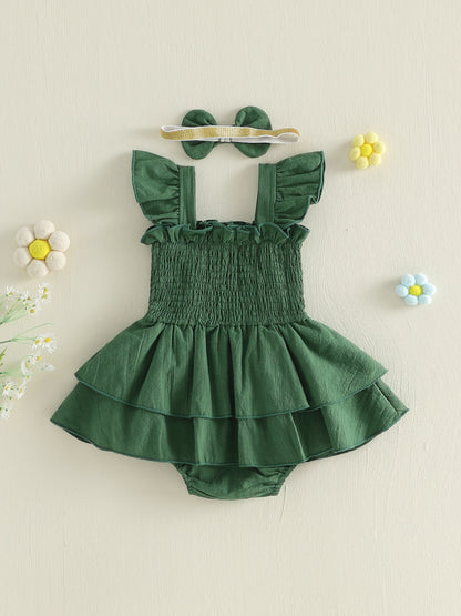 Tiered Baby Girl Romper Dress with Bow Headband, Smocked Cotton Blend Bodice and Flutter Straps, Solid Color Summer Outfit for 0-18 Months