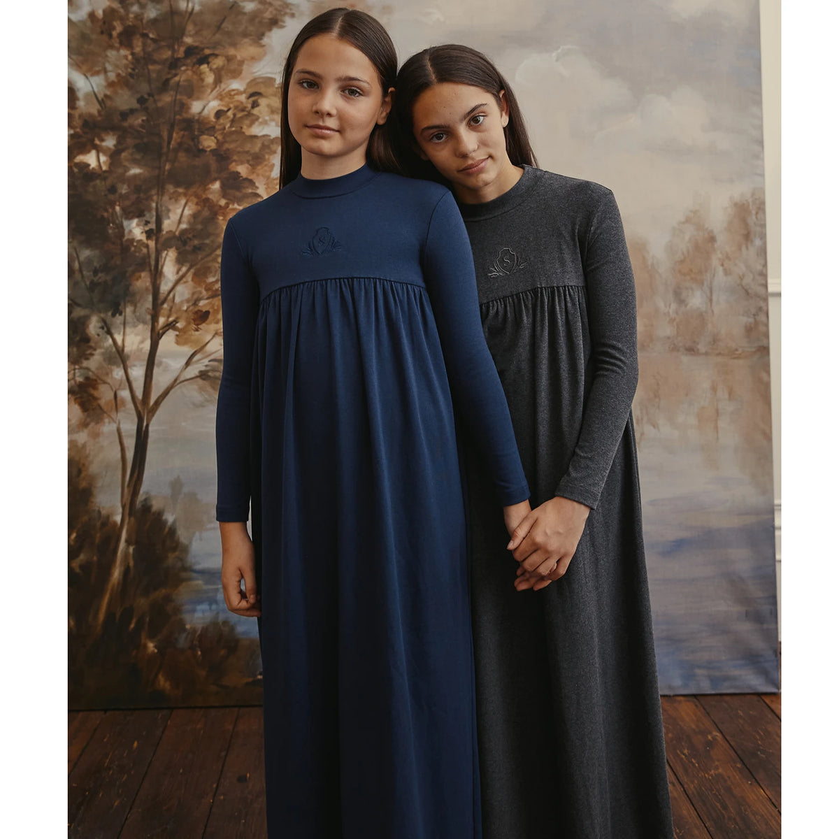 Jersey Sibling Matching Outfits in Gray and Navy, Long Sleeve Girls Maxi Dress and Embroidered Boys Set Options with Cotton Rayon Stretch Blend